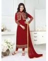 Red Pure Georgette Embroidered Designer Churidar Suit