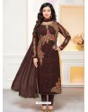 Coffee Brown Faux Georgette Embroidered Designer Churidar Suit