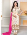 Off White Faux Georgette Embroidered Designer Churidar Suit