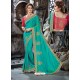 Teal Crepe Silk Embroidered Designer Party Wear Saree