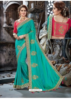 Teal Crepe Silk Embroidered Designer Party Wear Saree