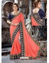 Awesome Peach Crepe Chiffon Embroidered Designer Party Wear Saree