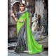 Parrot Green And Grey Embroidered Crepe And Net Designer Party Wear Saree