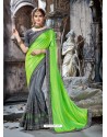 Parrot Green And Grey Embroidered Crepe And Net Designer Party Wear Saree