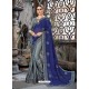 Navy Blue And Green Embroidered Chiffon And Net Designer Party Wear Saree