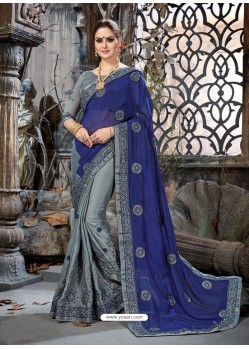 Navy Blue And Green Embroidered Chiffon And Net Designer Party Wear Saree