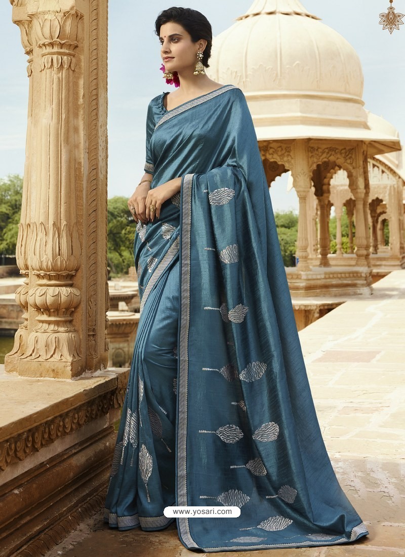 Buy Teal Blue Embroidered Designer Silk Saree | Designer Sarees