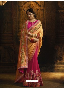 Orange And Rani Pure Silk Heavy Embroidered Designer Saree