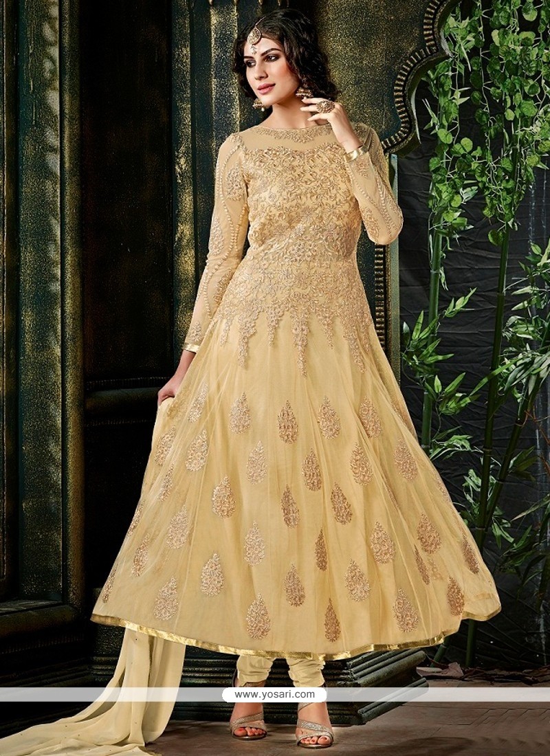 Elegant Cream Net Embroidery Anarkali Suit