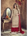 Light Beige And Maroon Heavy Net Embroidered Designer Palazzo Suit