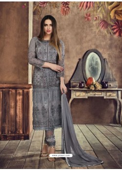 Dull Grey Heavy Net Embroidered Designer Straight Suit