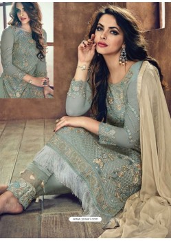 Olive Green Heavy Net Embroidered Designer Straight Suit