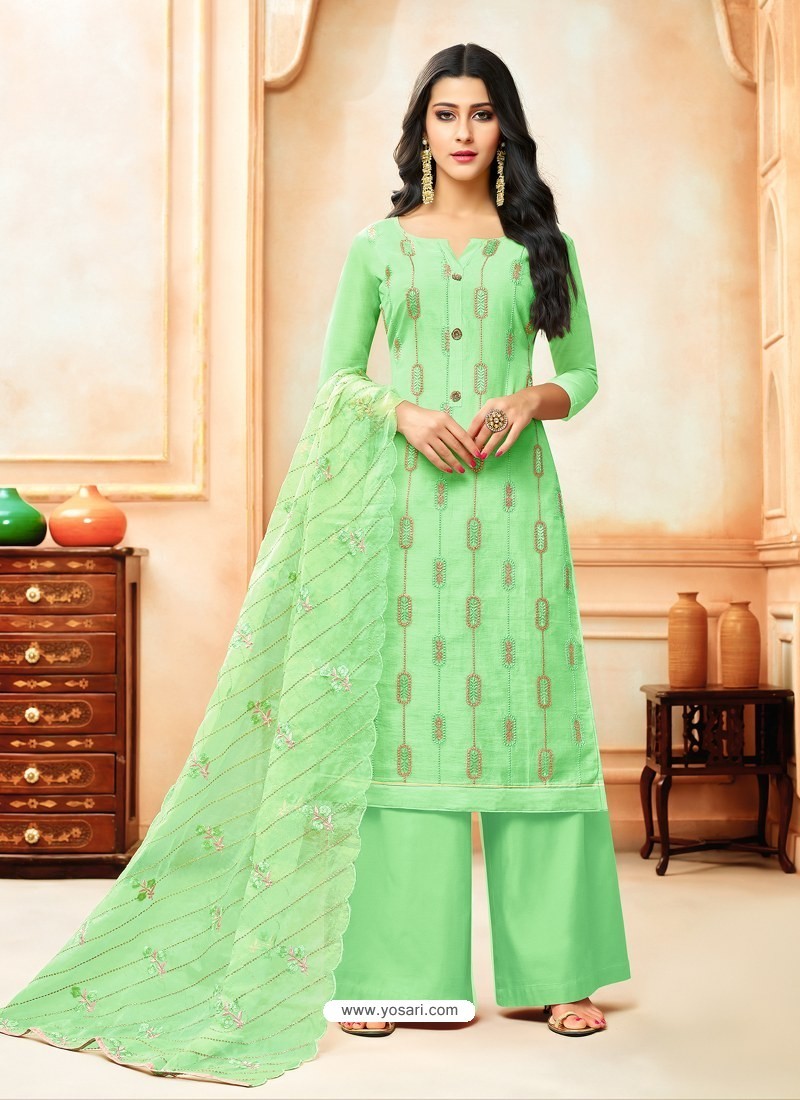Buy Sea Green Model Silk Embroidered Palazzo Salwar Suit | Palazzo ...