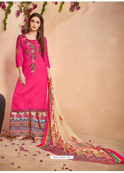 Fuchsia Glace Cotton Embroidered And Printed Designer Palazzo Suit
