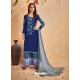 Dark Blue Glace Cotton Embroidered And Printed Designer Palazzo Suit