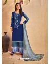 Dark Blue Glace Cotton Embroidered And Printed Designer Palazzo Suit
