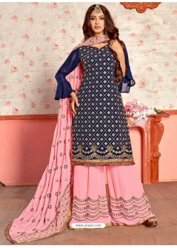 Navy Blue And Pink Georgette Gota Worked Designer Palazzo Suit