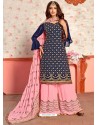 Navy Blue And Pink Georgette Gota Worked Designer Palazzo Suit
