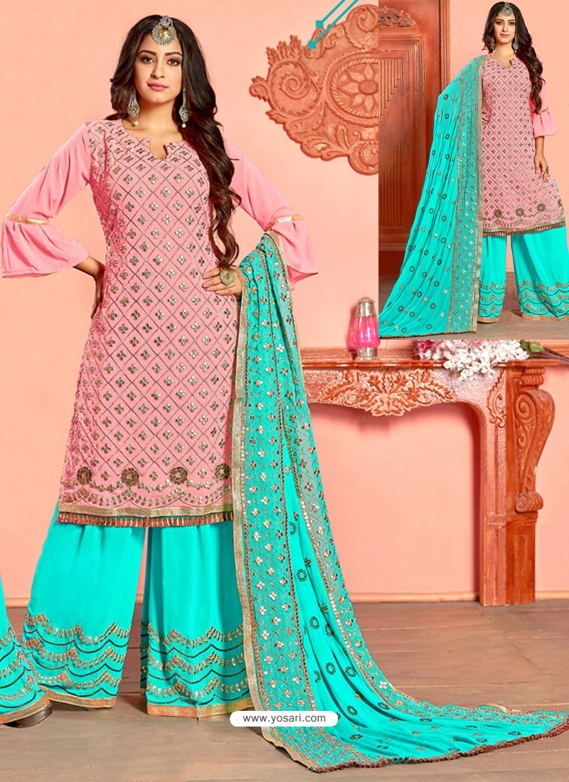 Buy Pink And Firozi Georgette Gota Worked Designer Palazzo Suit ...