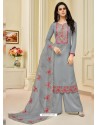 Grey Pure Upada Silk Embroidered Palazzo Suit