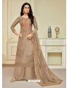 Beige Pure Upada Silk Embroidered Palazzo Suit
