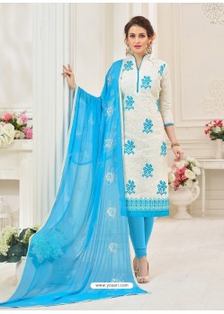 White And Sky Blue Cotton Jacquard Churidar Suit