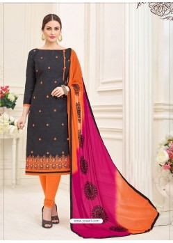 Black And Orange Cotton Jacquard Churidar Suit