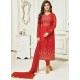 Red Faux Georgette Stone Embroidered Designer Churidar Suit