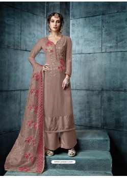 Light Brown Silk Embroidered Designer Palazzo Suit