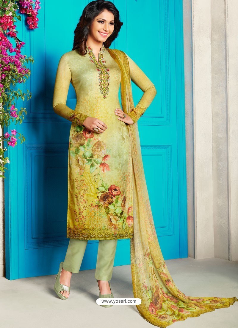 Buy Eye Catching Green Soft Cotton Embroidered Designer Straight Suit ...