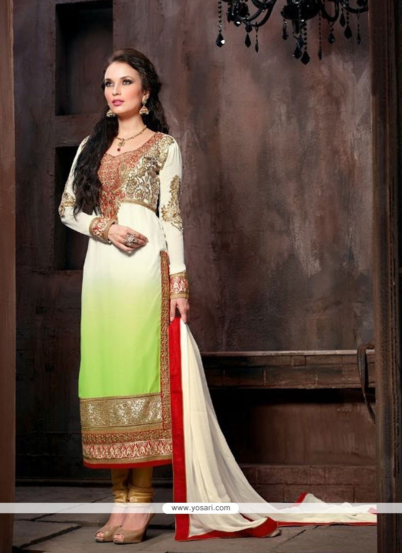 White And Green Shaded Georgette Churidar Suit