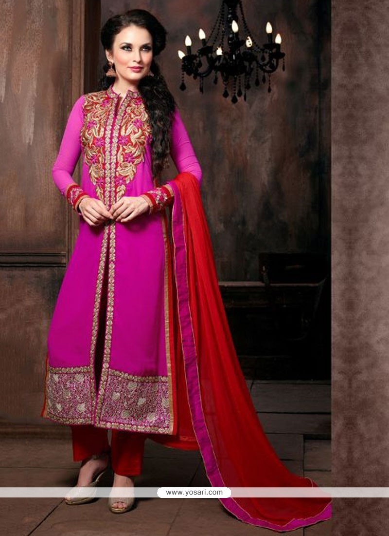 Latest Hot Pink Georgette Pant Style Suit