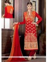 Orange And Red Shaded Georgette Churidar Suit