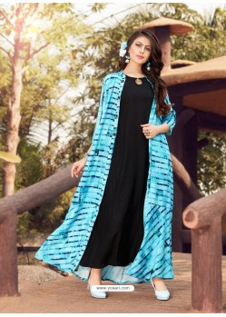 Black And Sky Blue Printed Rayon Designer Gown