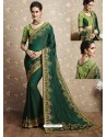 Dark Green Two Tone Barfi Silk Thread Embroidered Wedding Saree