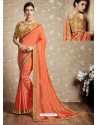 Orange Vichitra Silk Thread Embroidered Wedding Saree