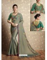 Olive Green Vichitra Silk Thread Embroidered Wedding Saree