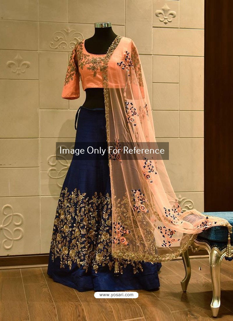 Royal Blue And Peach Lehenga Choli In Silk Embellished in Zari And Zardosi  Embroidery With Net Dupatta Online - Kalki Fashion | Peach lehenga,  Fashion, Lehenga choli