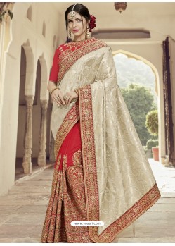 Cream And Red Silk Jacquard Embroidered Designer Wedding Saree