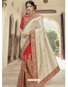 Cream And Red Silk Jacquard Embroidered Designer Wedding Saree