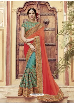 Orange And Green Two Tone Shared Embroidered Designer Wedding Saree