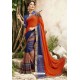 Tomato Red And Blue Georgette Embroidered Designer Fancy Saree