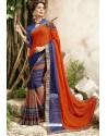 Tomato Red And Blue Georgette Embroidered Designer Fancy Saree