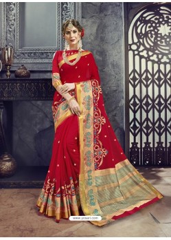 Red Embroidered Designer Cotton Silk Saree