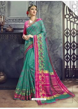 Teal Embroidered Designer Cotton Silk Saree