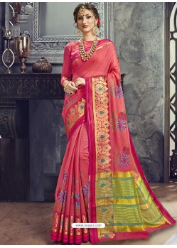 Dark Peach Embroidered Designer Cotton Silk Saree