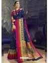 Navy Blue Embroidered Designer Cotton Silk Saree