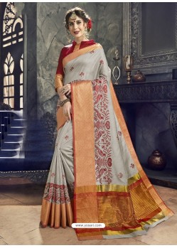 Light Grey Embroidered Designer Cotton Silk Saree