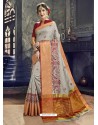 Light Grey Embroidered Designer Cotton Silk Saree