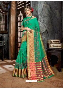 Jade Green Embroidered Designer Cotton Silk Saree